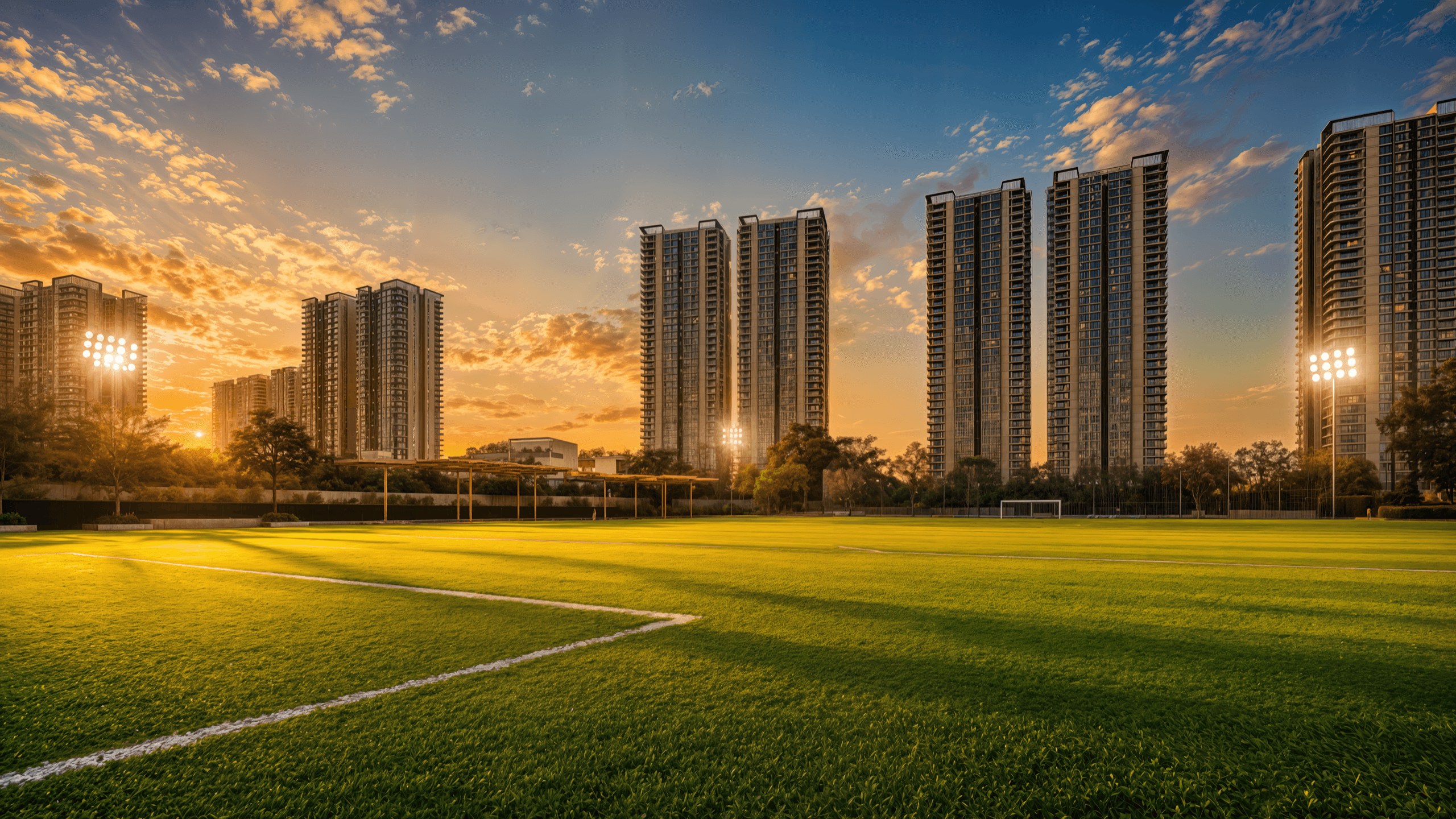 Nambiar District 25 towers overlooking the sports arena at sunset